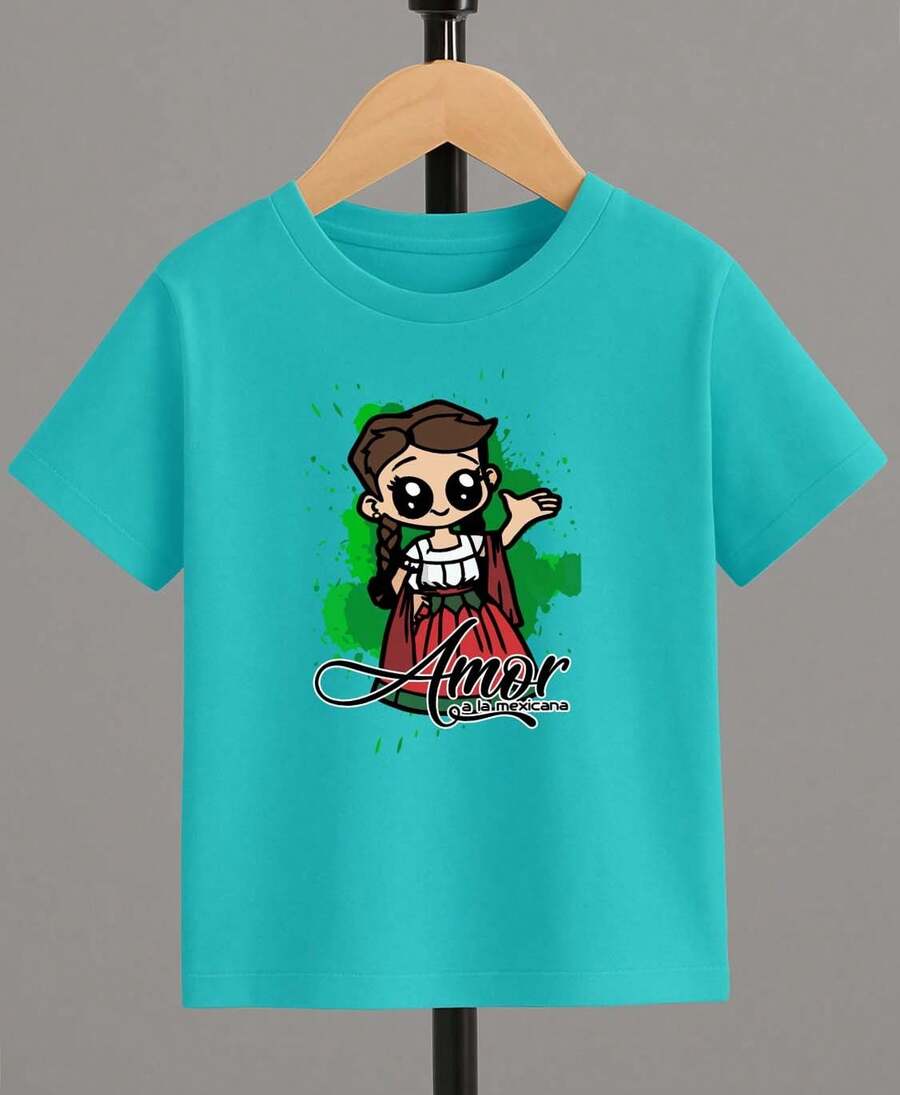 Camiseta para niño de 4 a 15 años de cuello redondo y manga corta con diseño de AMOR A LA MEXICANA, casual y creativa para niño - verde menta - Ver 1