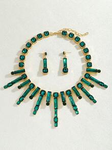 3 件优雅奢华彩色水晶项链吊坠耳环套装，闪亮钻石颈链项链项圈耳环套装，项链吊坠项链耳环，适合女性水晶派对、宴会、晚宴、时尚百搭