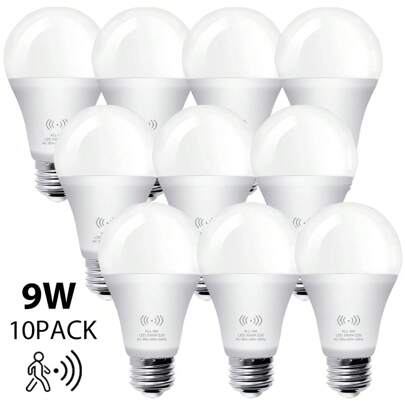 Motion Sensor Light Bulbs For Outdoor Indoor, 9W A19 Motion Detector Led Bulb, 60 Watt Equivalent, E26 800lm 6000K Daylight, Dusk To Dawn Motion Activated Security Lights For Outside, Inside (10 Pack)
