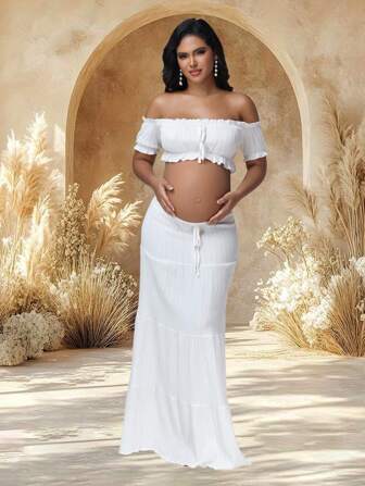 JustVH Maternity Off Shoulder Ruffle Crop Top & Flowy Long Skirt Set 2pcs For Photoshoot, Beach