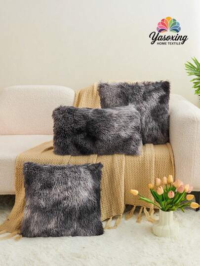 1 件深灰色扎染毛绒靠垫套（无填充物），现代法兰绒装饰抱枕套拉链开合，适用于家居、沙发、客厅