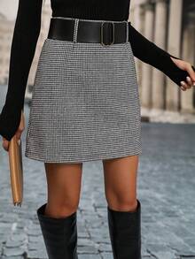 Minifalda negra y blanca con estampado de pata de gallo de estilo clásico A-line con cremallera para tallas grandes - Blanco y Negro - Ver 3