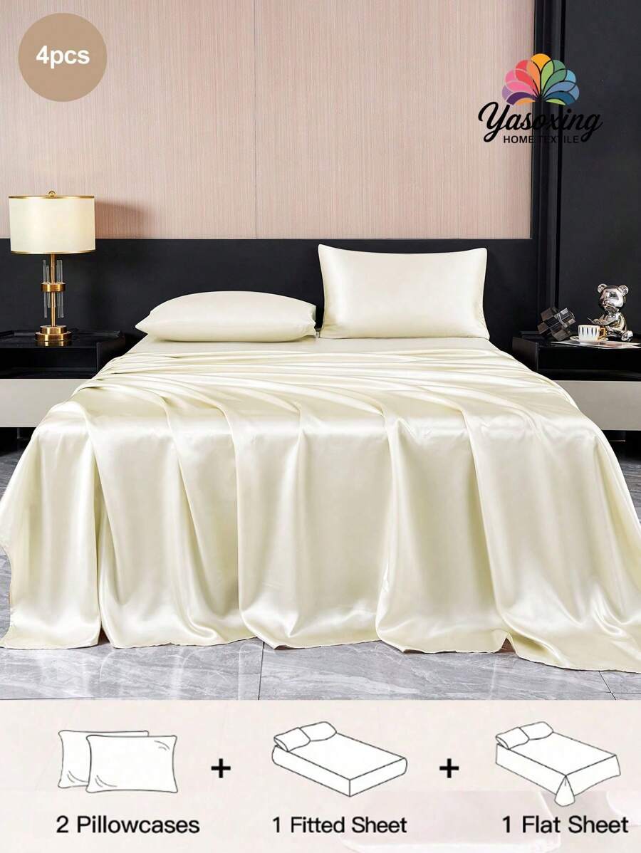 4Pcs Beige Premium Plain Silky Satin Sheet Set Bedding Set, 1pc Fitted Sheet & 1pc Flat Sheet& 2pcs Pillowcase Bedding Mattress Protector Set (Not Including Pillow Core)Luxury Satin Fitted Sheet Set King Queen Full TWIN SIZE Sheet Deep Pocket Up To 11.8 Inch Satin Pillowcase, Soft Breathable Wrinkle-Free Better For Sleep, Luxury Hotel Style, Gift For Mom Dad Friend Domitory Bedding Back School Bedding - Beige - View 1
