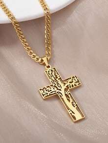 Stainless Steel Tree Of Life Cross Necklaces For Women Men Gold Color Cuban Chain Pendant Necklace Male Female Jewelry Birthday Gift ﻿ - N04135-3 - View 6