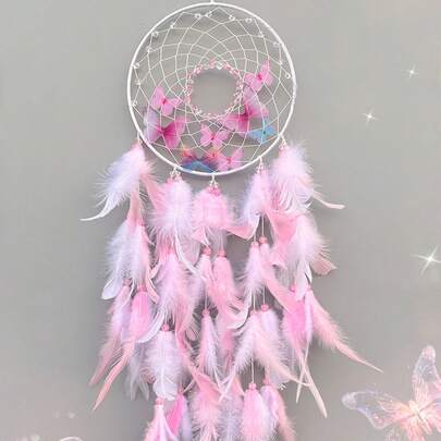 1 chiếc chuông gió Dream Catcher hình bướm pha lê màu hồng và trắng, đồ trang trí thủ công cho bé gái, quà tặng sinh nhật sáng tạo cao cấp