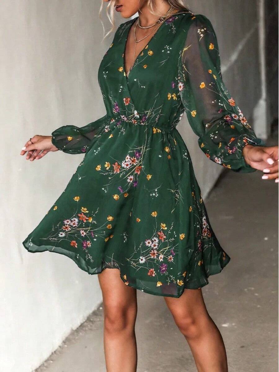 Dresses For Women V Neck Chiffon A Line Mini Dress Long Peasant Sleeves Casual Dress - màu xanh lá - Xem 1