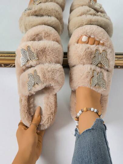 Pantofole da donna con plateau aperte, morbide e confortevoli, antiscivolo per interni, pantofole da casa, pantofole con fiocco in pelliccia e decorazione con strass