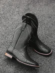 Men's Cowboy Boots, Western Boots, Square Toe High Heel Pull-On Fashion Embroidered Ankle Boots, Suitable For Spring And Autumn