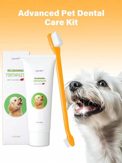GJYC PET Premium Pet Dental Care Set | Includes Toothpaste & Dual-Ended Toothbrush | Effectively Combats Tartar | Puppy, 2 Pieces Bundle, Delicious Beef Flavor, Freshens Breath, Gentle On Gums