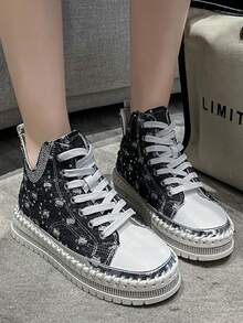 New Autumn/Winter Rhinestone Embellished High-Top Sneakers, Thick Sole Casual Shoes, Suitable For Street Style, Daily Commute, Office And Leisure Wear - màu đen - Xem 3