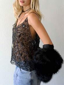 Women Semi See Through Sparkly Tank Top Sleeveless V Neck Floral Sequin Camisole Dance Rave Outfits - 黑色2 - 查看 7