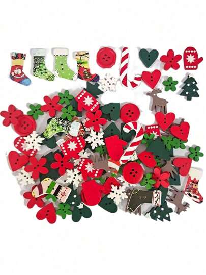 100 piezas/50 piezas Botones decorativos de madera - Patrones mixtos de árboles de Navidad, copos de nieve y guantes - Decoración navideña DIY Artesanía Adornos para hacer tarjetas de Navidad, scrapbooking, tocados y decoraciones de regalo (estilos aleatorios)