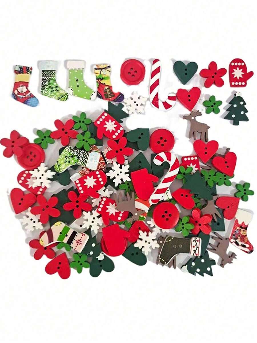 100pcs/50pcs Wooden Decorative Buttons - Mixed Patterns Of Christmas Trees, Snowflakes, And Mittens - Christmas Decor DIY Craft Embellishments For Making Christmas Cards, Scrapbooking, Headpieces, And Gift Decorations (Random Styles) - Multicolor - View 1