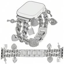 1 Dây đeo đồng hồ nữ mới có móc khóa hình trái tim bằng da, phù hợp với đồng hồ Apple 38/40/41/42/44/45mm - Vàng - Xem 15
