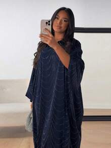 Middle East 2026 Spring/Summer New Women's Fashion Loose Rhinestone Abaya Cardigan Long Robe - Blue - View 3