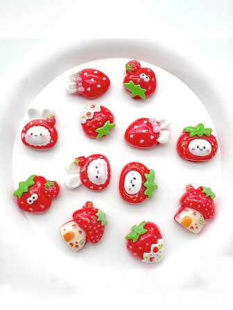 10/20pcs Mixed Cream Glossy Cartoon Strawberry Rabbit Resin Small Accessories, DIY Jewelry Supplies (Slight Imperfections Are Normal)