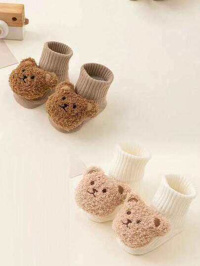 2 Pairs Baby Toddler Cute Bear Spring/Autumn New Plush Anti-Slip Dot Grip Short Socks, Comfortable Warm Breathable, Multiple Colors Available, Adorable For Home, Daily Wear, Gatherings