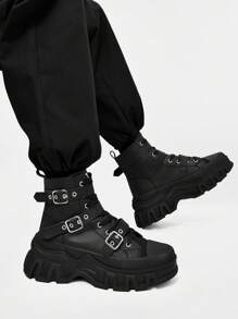 SLnU3 男士时尚厚底摩托车靴，纯色朋克街头学院风休闲工作服风格夜店户外扣式酷炫四季百搭