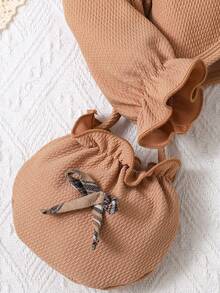 3 件套女婴套装：卡其色短开衫、米色格子无袖连衣裙、卡其色斜挎包，秋冬 - 棕色 - 查看 9