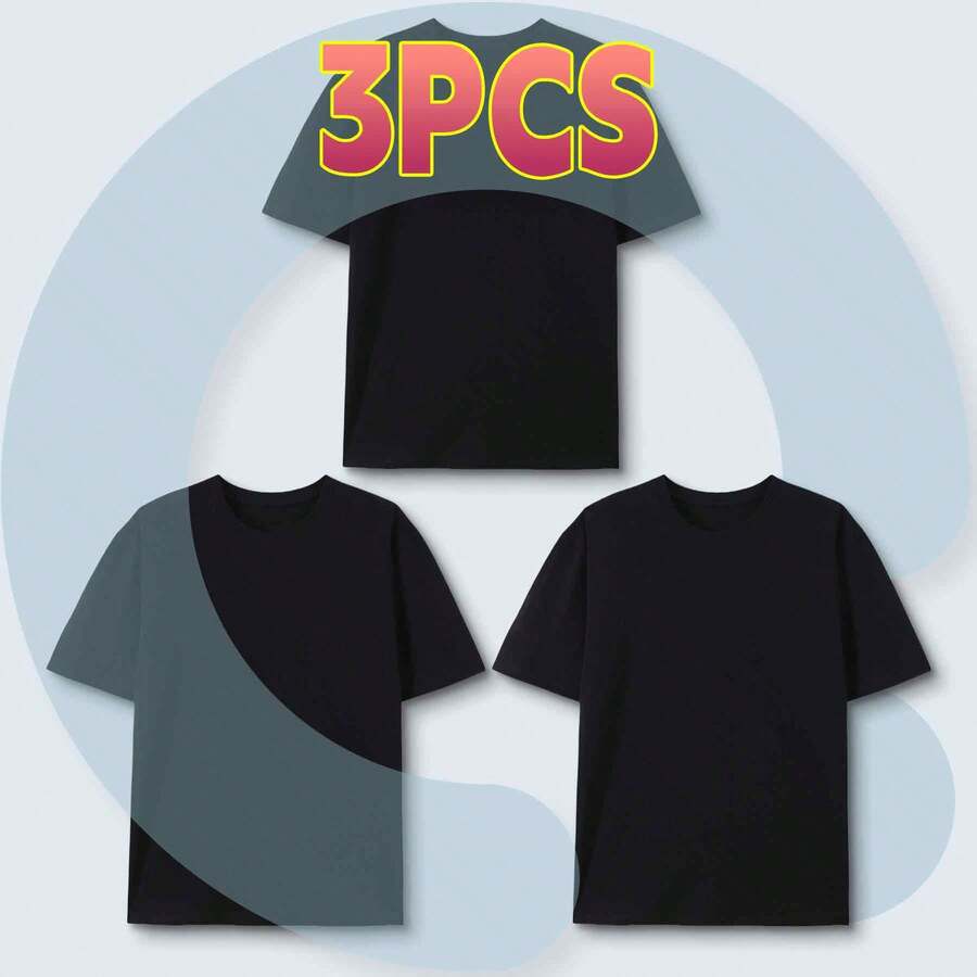 2 To 5 Packs 100% Pure Cotton Home And Business Sports T-Shirt For Both Men And Women, Soft And Breathable Multi Piece Set - 黑色三件裝 - 查看 1