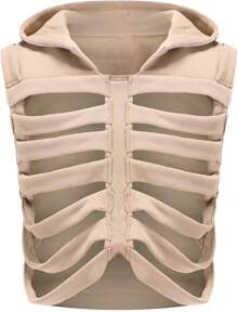 Unisex Oversized Skeleton Hoodie Men Cropped Sleeveless Sweatshirt Women Goth Costume Skull Hooded Vest - Khaki - View 1