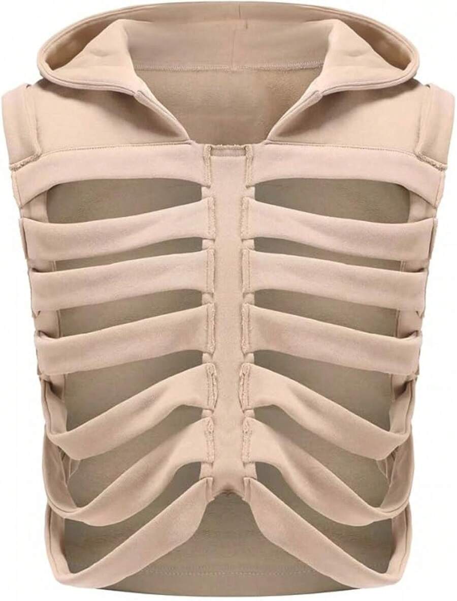 Unisex Oversized Skeleton Hoodie Men Cropped Sleeveless Sweatshirt Women Goth Costume Skull Hooded Vest - Khaki - View 1