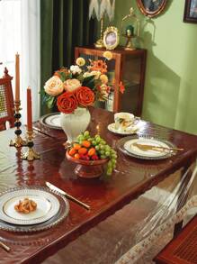 Złoty, przezroczysty, wodoodporny obrus z tworzywa PVC z koronkową lamówką – elegancki i efektowny obrus na stół weselny, dekoracja kuchni i jadalni, świąteczne świętowanie, wielokrotnego użytku, niegniotący się (łatwy w czyszczeniu, dekoracja domu)/odporny na olej/składany i przenośny/dekoracja na przyjęcie urodzinowe