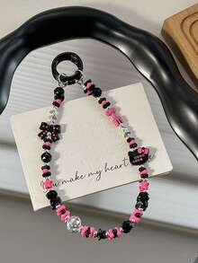 Sanrio 1 قطعة سلسلة هاتف معدنية بشكل القطة كارتون KT، شرابة هاتف ملونة من الأكريليك باللونين الأسود والوردي مزينة بالخرز