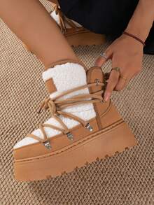 Girl Snow Boots, New 2025 Fleece Thickened Round Toe Lace-Up Fashion Warm Winter Outdoor Boots