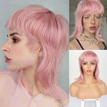 Straight Mullet Pixie Haircut With Bangs Layered Shaggy Mullet Wigs For Women,70s 80s Short Layered Shag Pixie Cut Wig Synthetic Wolf Cut Mullets Wig For Women 14inch(Pink) - 粉色 - 查看 2