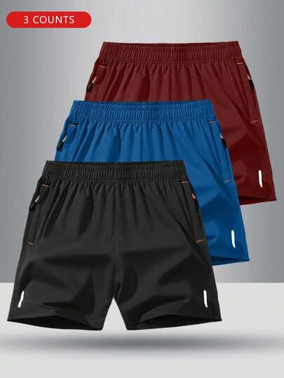 3pcs/Set Boys' Solid Color Elastic Waist Casual Sports Shorts, Summer