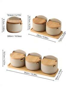 1 قطعة/3 قطع/4 قطع مجموعة أوعية توابل سيراميكية سميكة مع ملاعق وصينية خشبية، أوعية تخزين للملح وجوهر الدجاج والسكر والفلفل الحار المجفف مع أغطية قابلة للطي، قابلة لإعادة الاستخدام للمطبخ والطعام والشواء الخارجي