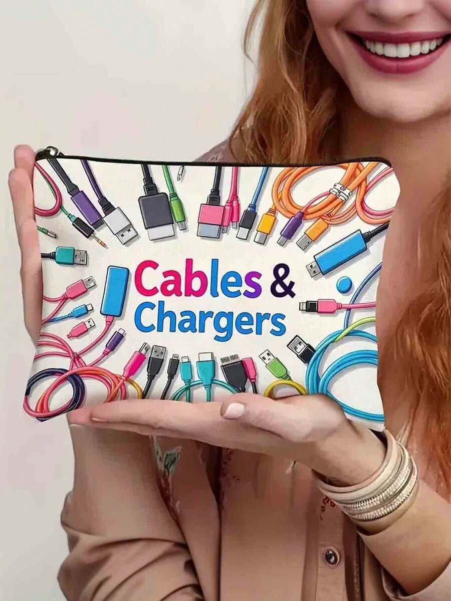 Cables And Chargers Organizer Pouch,Canvas Charger Storage Bag,Compact Storage Space For Electronics And Accessories,Foldable Lightweight Electronics Accessories Storage,Fashion Zipper Bag,Toiletry Bag, Cosmetic Bag - Multicolor - View 1