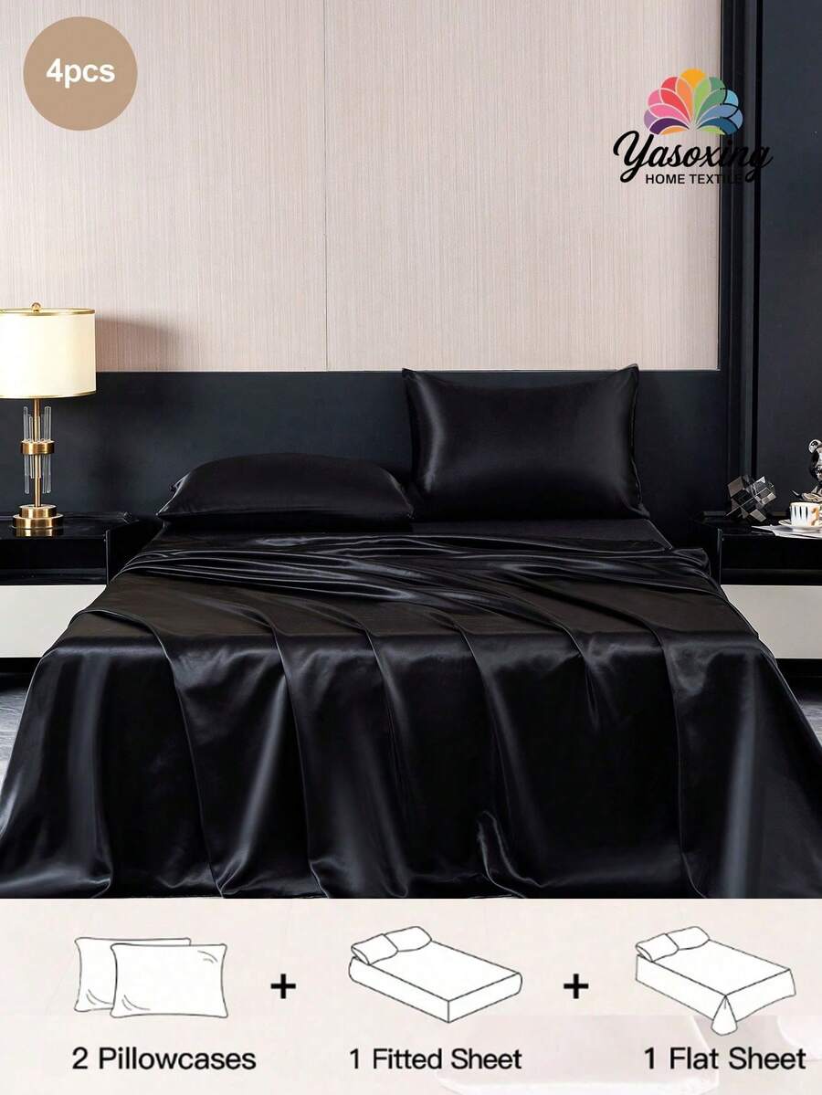 4Pcs Black Premium Plain Silky Satin Sheet Set Bedding Set, 1pc Fitted Sheet & 1pc Flat Sheet& 2pcs Pillowcase Bedding Mattress Protector Set (Not Including Pillow Core)Luxury Satin Fitted Sheet Set King Queen Full TWIN SIZE Sheet Deep Pocket Up To 11.8 Inch Satin Pillowcase, Soft Breathable Wrinkle-Free Better For Sleep, Luxury Hotel Style, Gift For Mom Dad Friend Domitory Bedding Back School Bedding
