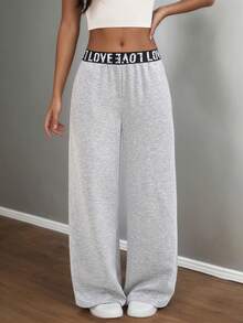 Teen Girl Letter Elastic Waist Loose Straight Leg Sweatpants With Pockets