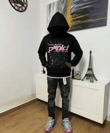 Men's Hip Hop Spider Web Pattern Letter Pattern Harajuku Retro Hoodie Long Sleeve And Pants  For Men And Women - Áo nỉ đen - Xem 2