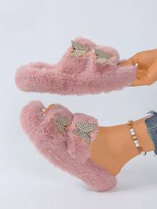 Dép đế xuồng hở mũi bằng vải nhung cho nữ, dép đi trong nhà mềm mại, chống trượt, dép đi trong nhà, dép bông có nơ và đá trang trí - Hồng - Xem 4