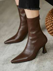 2025秋冬新款女士棕色短靴，高跟，尖头弹力袜靴，保暖内里，猫跟靴，派对靴 - 棕色 - 查看 4