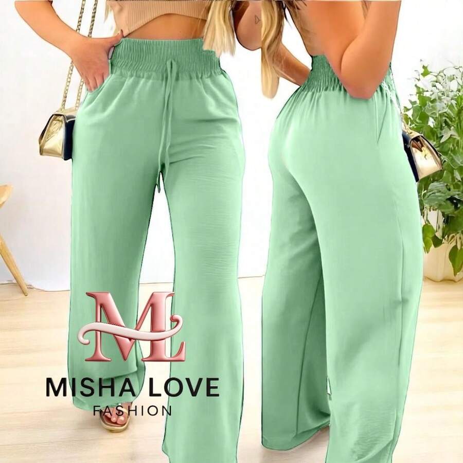 Women's High Waist Wide Leg Pants With Pocket - quả bơ xanh - Xem 1