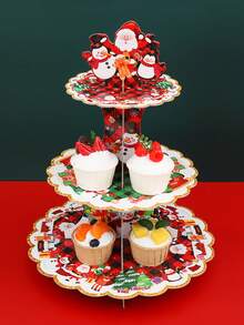 1pc 3-Tier Christmas Paper Cake Display Stand Holder, Red And Green Santa Claus Penguin Pattern For Xmas,Table Decoration,Christmas Decoration,Home Decor,Christmas Party Supplies,Christmas Ornament ,Easy To Assemble,Cupcake Dessert Table Decor,Merry Christmas,Christmas Decoration,Xmas Decor