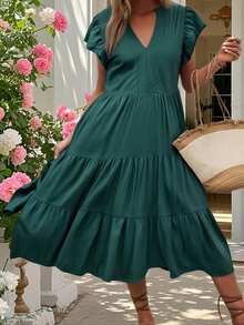 Women's V Neck Midi Dress Ruffled Sleeve Solid Color Tiered A Line Casual Dress - Army Green - View 3