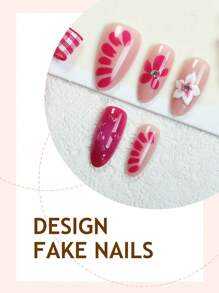 24片手工制作的中长杏仁形美甲贴纸，玫瑰红色，全覆盖，饰有3D手工花朵和波浪纹，易于佩戴，彩绘假指甲套装，光泽美甲，适合女性和女孩日常佩戴