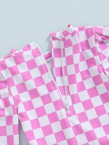 Girls Bikini Beach Swimwear Long Sleeve Checkerboard Print Ruffle Romper Bathing Suit - Rosa - Ver 8
