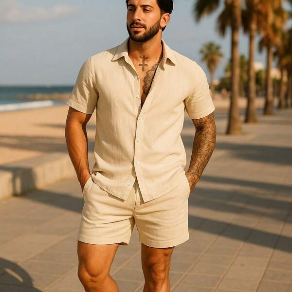 Conjunto Masculino de Linho Camisa botão Linho e Short Linho  Solto