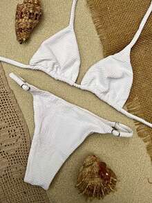 Textured Triangle Bikini Set With Adjustable Padded Panties And Padded Bottoms - White - View 2