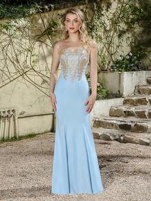 MisShow Women's Lace Applique Long Formal Mermaid Evening Prom Dresses - Màu xanh nhạt - Xem 1