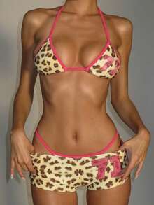 Sexy Sommer Zweiteiler mit Leoparden-Muster Farbblock, figurbetonter Passform, ärmelloser Neckholder, passende elastische Hot Pants, Strandurlaubs-Outfit für Frauen - Braun - Übersicht 8