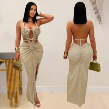 New Fashion Accessories C7407 Cross-Border   European And American Fashion Women's Sexy Knitted Neck And Backless Solid Color Dress - C7407-橘色 - 查看 4
