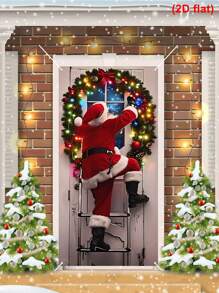 1pc Santa Claus Climbing Ladder Style Christmas Door Flag, Christmas Decor Door Banner, Xmas Door Porch Sign Flag Door Cover Curtain, 2025 Christmas Decorations For Home, Winter Holiday Christmas Party Background Wall Decoration Supplies, Home Decor - Santa Claus Ladder - View 6