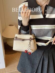 BELLEBORG 女款高級休閒拼色通勤復古帆布扣環百搭小方包手提包 - 咖啡 - 查看 4